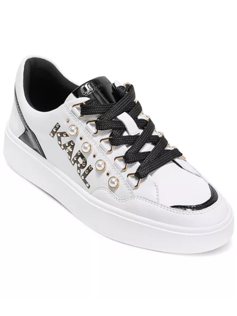 Karl Lagerfeld Stazie White laceup Sneakers with Black Trim and Pearl Studs R149